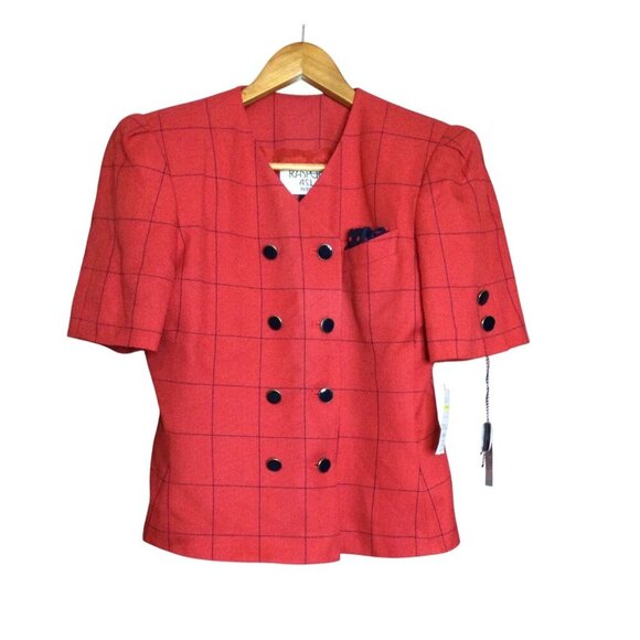 VTG Kasper A.S.L Petite Red Double-Breasted Womens Blazer Jacket Size 2 Checkere - Picture 1 of 12